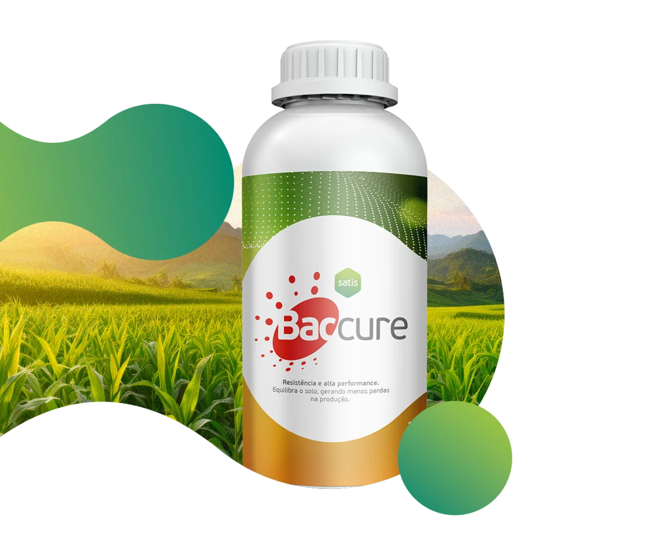 Baccure está numa embalagem que contém o Aditivo Biológico para Equilíbrio do Solo e Alta Performance