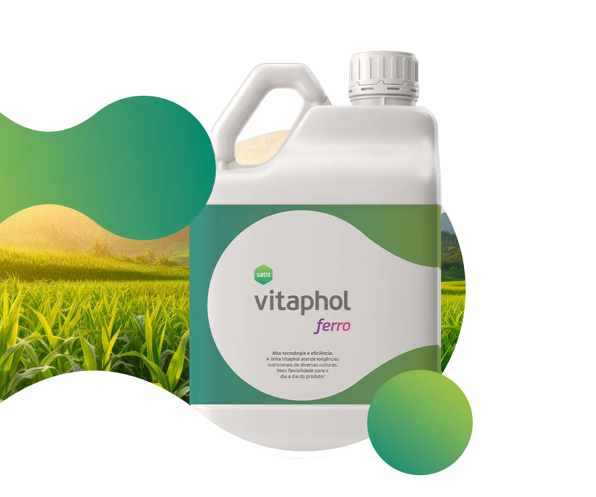 Vitaphol Ferro da marca Satis em galão com fórmula Essencial para Fotossíntese e Respiração das Plantas